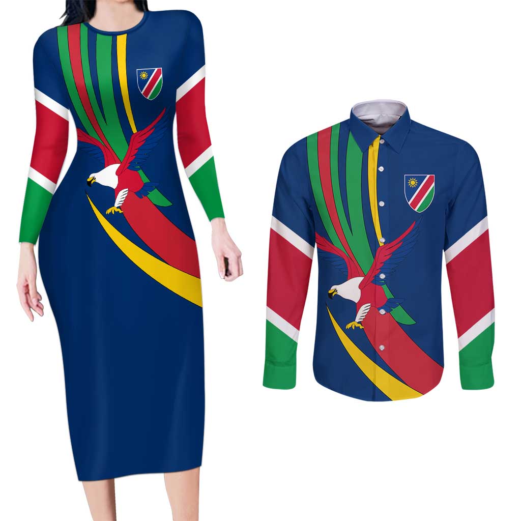 Namibia National Emblem Couples Matching Long Sleeve Bodycon Dress and Long Sleeve Button Shirt Flag Colors & Symbolic Animals Design