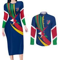 Namibia National Emblem Couples Matching Long Sleeve Bodycon Dress and Long Sleeve Button Shirt Flag Colors & Symbolic Animals Design