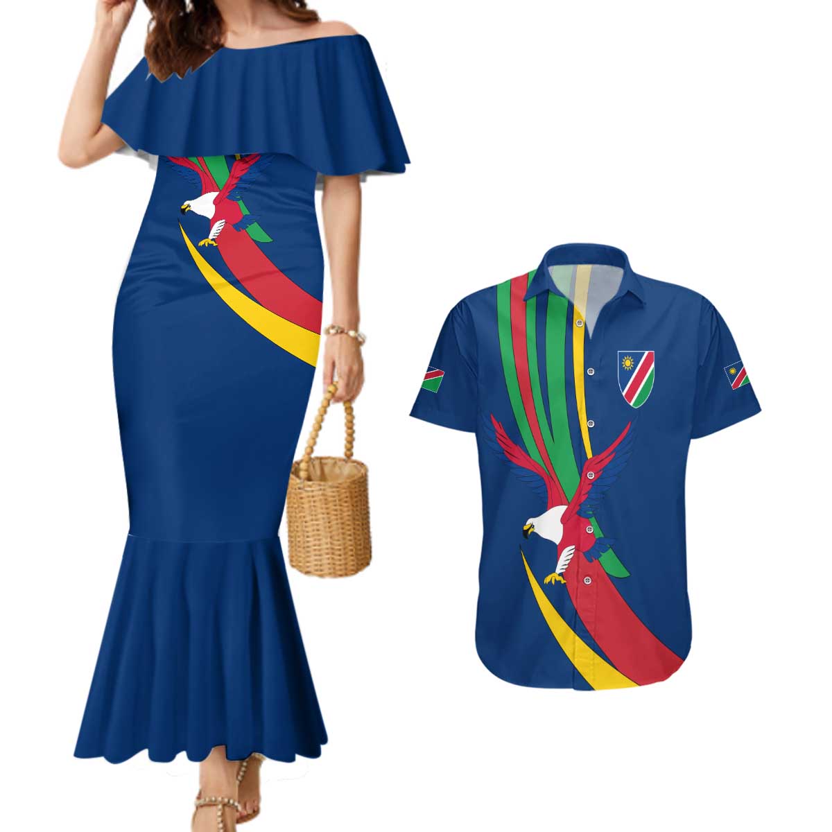 Namibia National Emblem Couples Matching Mermaid Dress and Hawaiian Shirt Flag Colors & Symbolic Animals Design