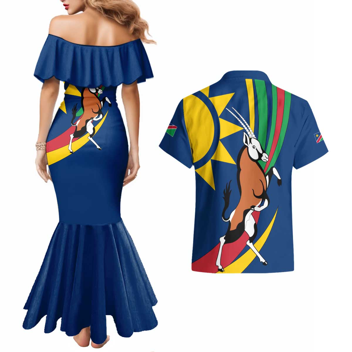 Namibia National Emblem Couples Matching Mermaid Dress and Hawaiian Shirt Flag Colors & Symbolic Animals Design