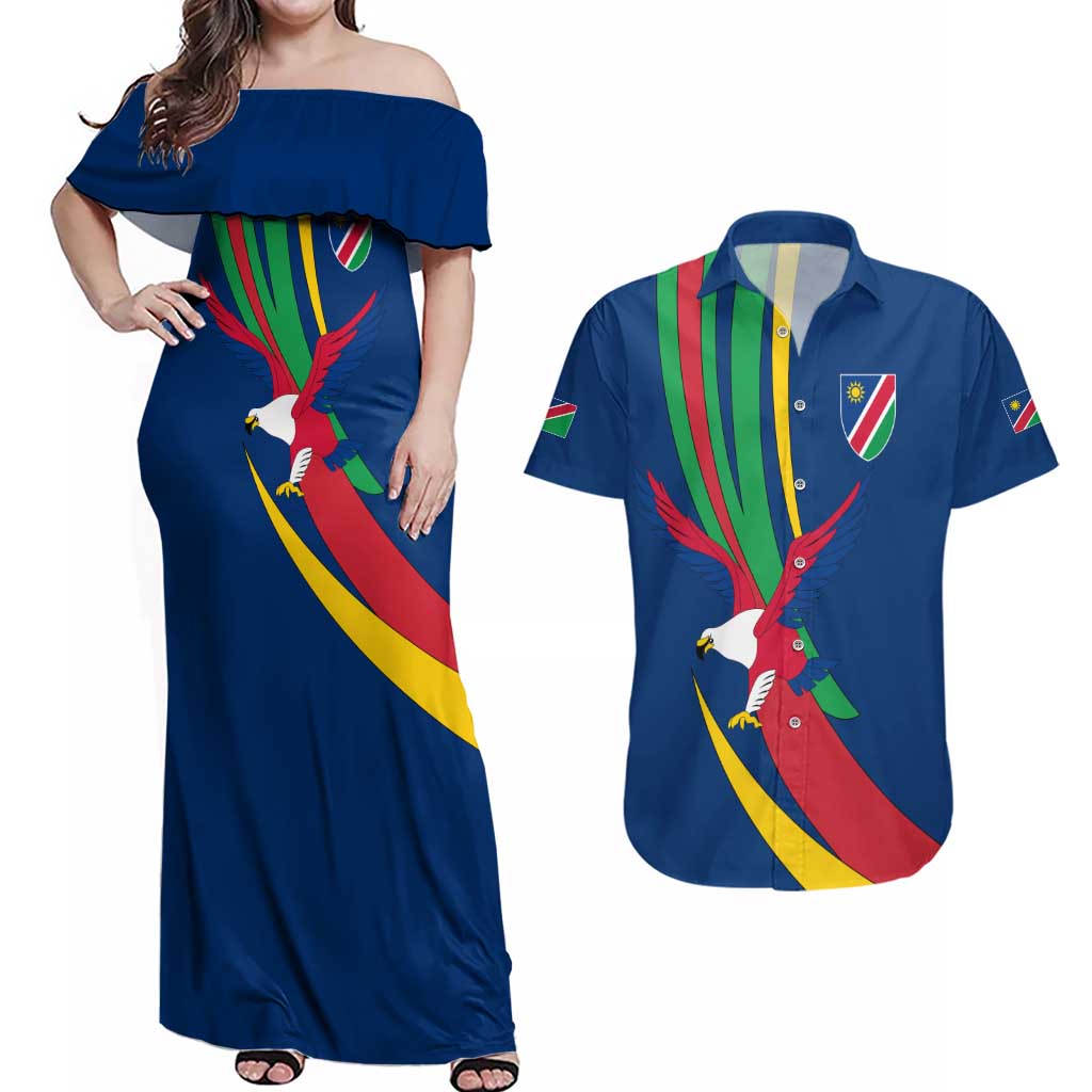 Namibia National Emblem Couples Matching Off Shoulder Maxi Dress and Hawaiian Shirt Flag Colors & Symbolic Animals Design
