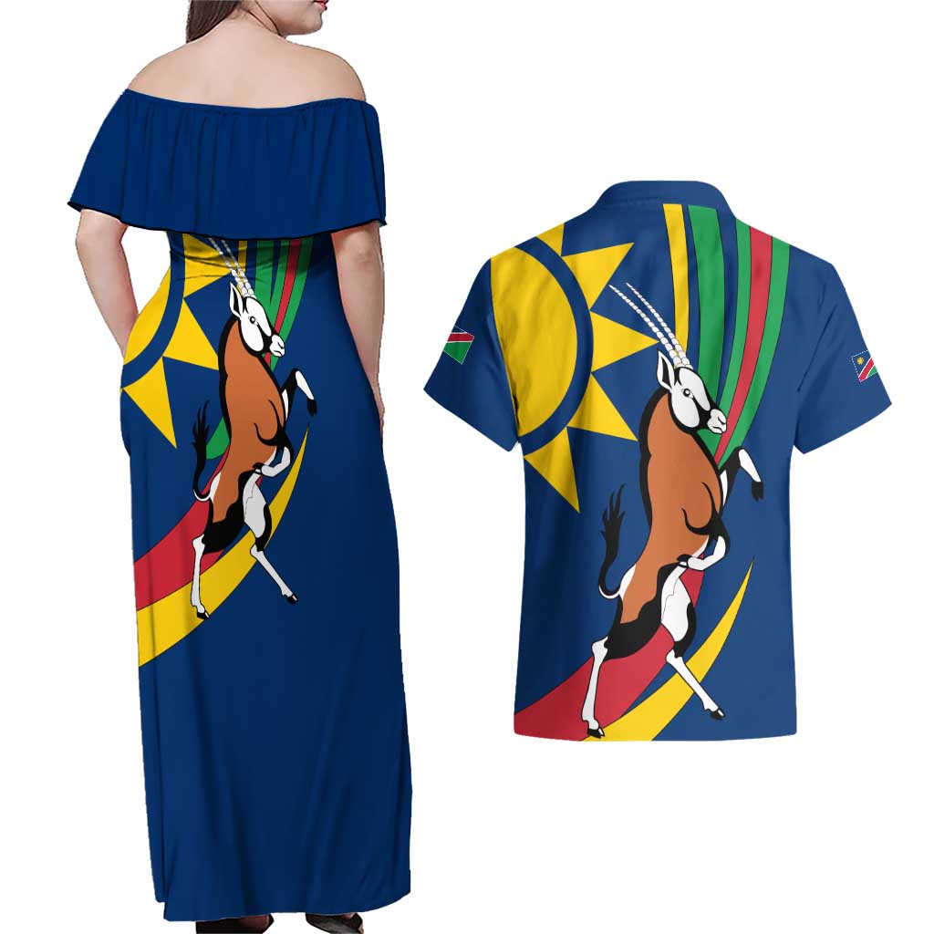 Namibia National Emblem Couples Matching Off Shoulder Maxi Dress and Hawaiian Shirt Flag Colors & Symbolic Animals Design
