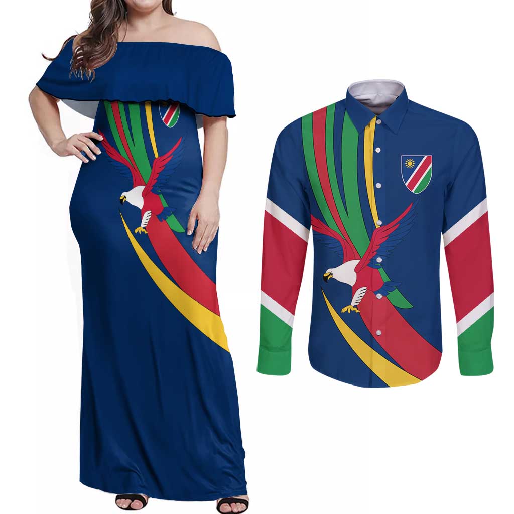 Namibia National Emblem Couples Matching Off Shoulder Maxi Dress and Long Sleeve Button Shirt Flag Colors & Symbolic Animals Design