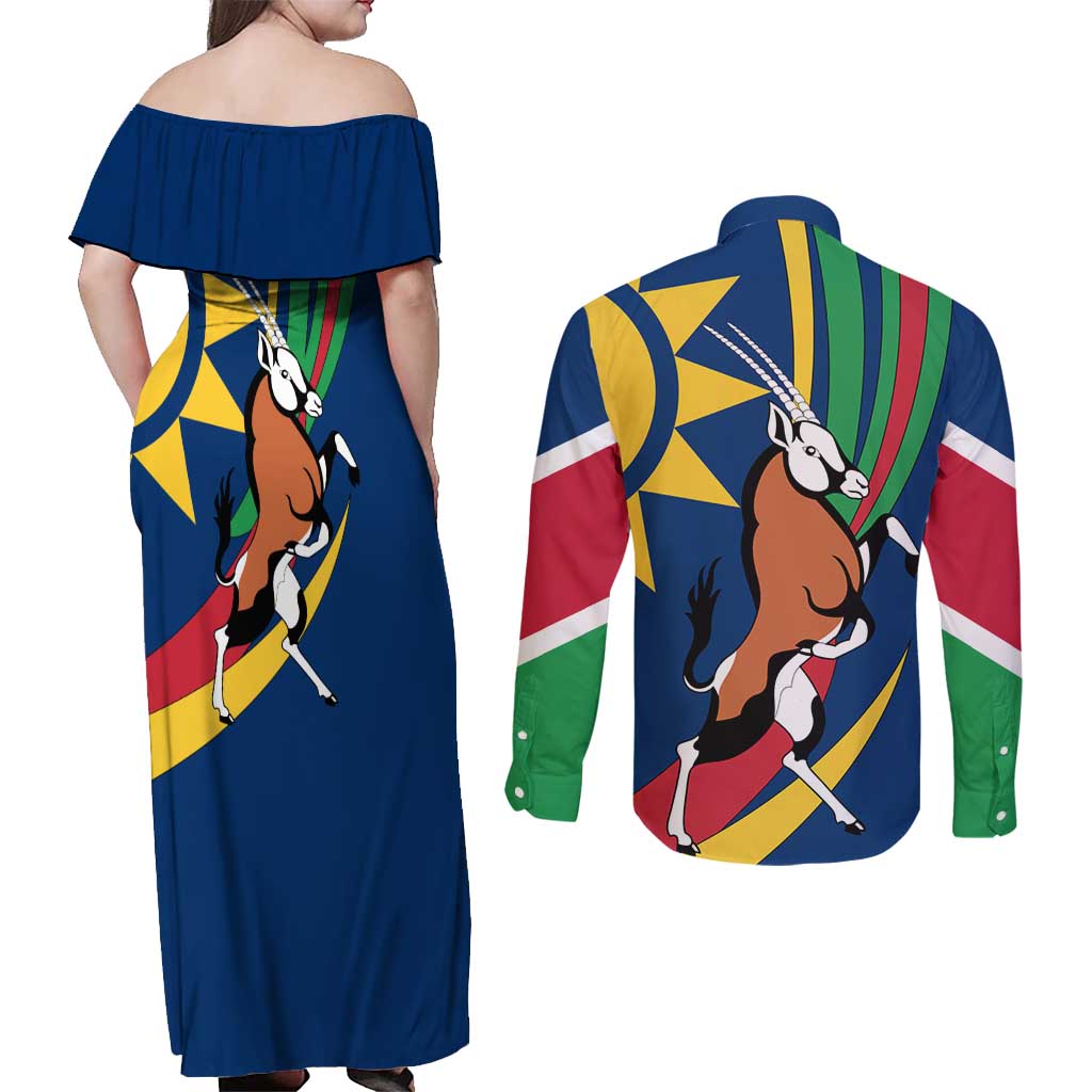 Namibia National Emblem Couples Matching Off Shoulder Maxi Dress and Long Sleeve Button Shirt Flag Colors & Symbolic Animals Design