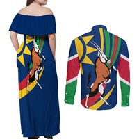Namibia National Emblem Couples Matching Off Shoulder Maxi Dress and Long Sleeve Button Shirt Flag Colors & Symbolic Animals Design