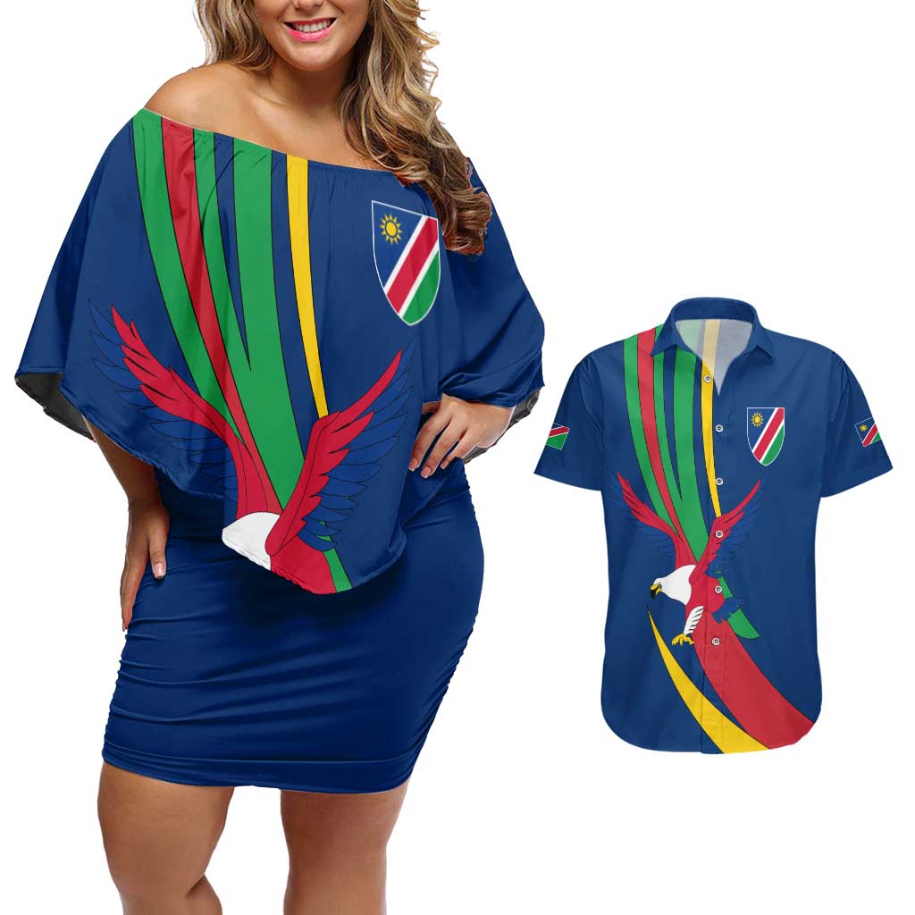 Namibia National Emblem Couples Matching Off Shoulder Short Dress and Hawaiian Shirt Flag Colors & Symbolic Animals Design