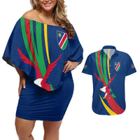 Namibia National Emblem Couples Matching Off Shoulder Short Dress and Hawaiian Shirt Flag Colors & Symbolic Animals Design