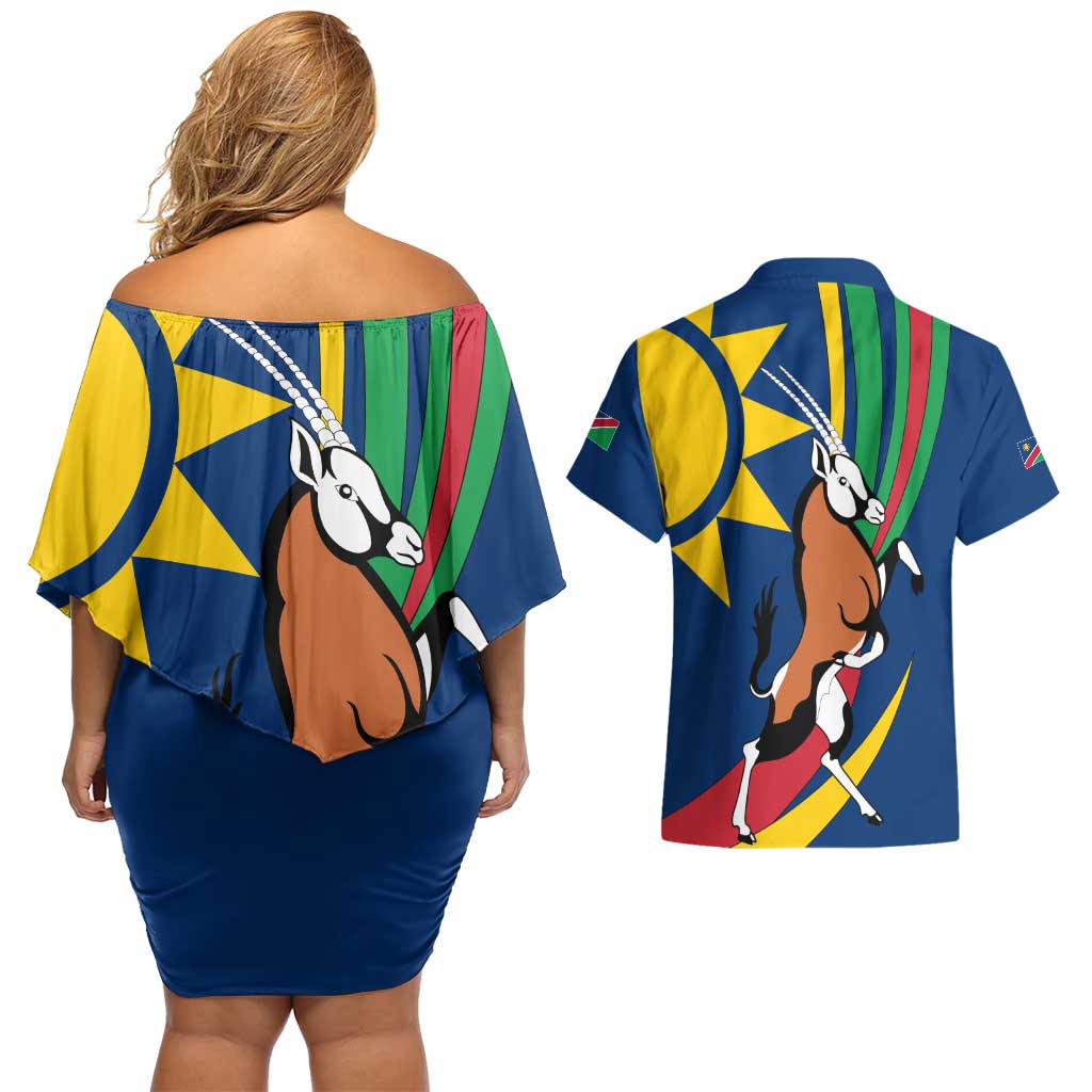 Namibia National Emblem Couples Matching Off Shoulder Short Dress and Hawaiian Shirt Flag Colors & Symbolic Animals Design