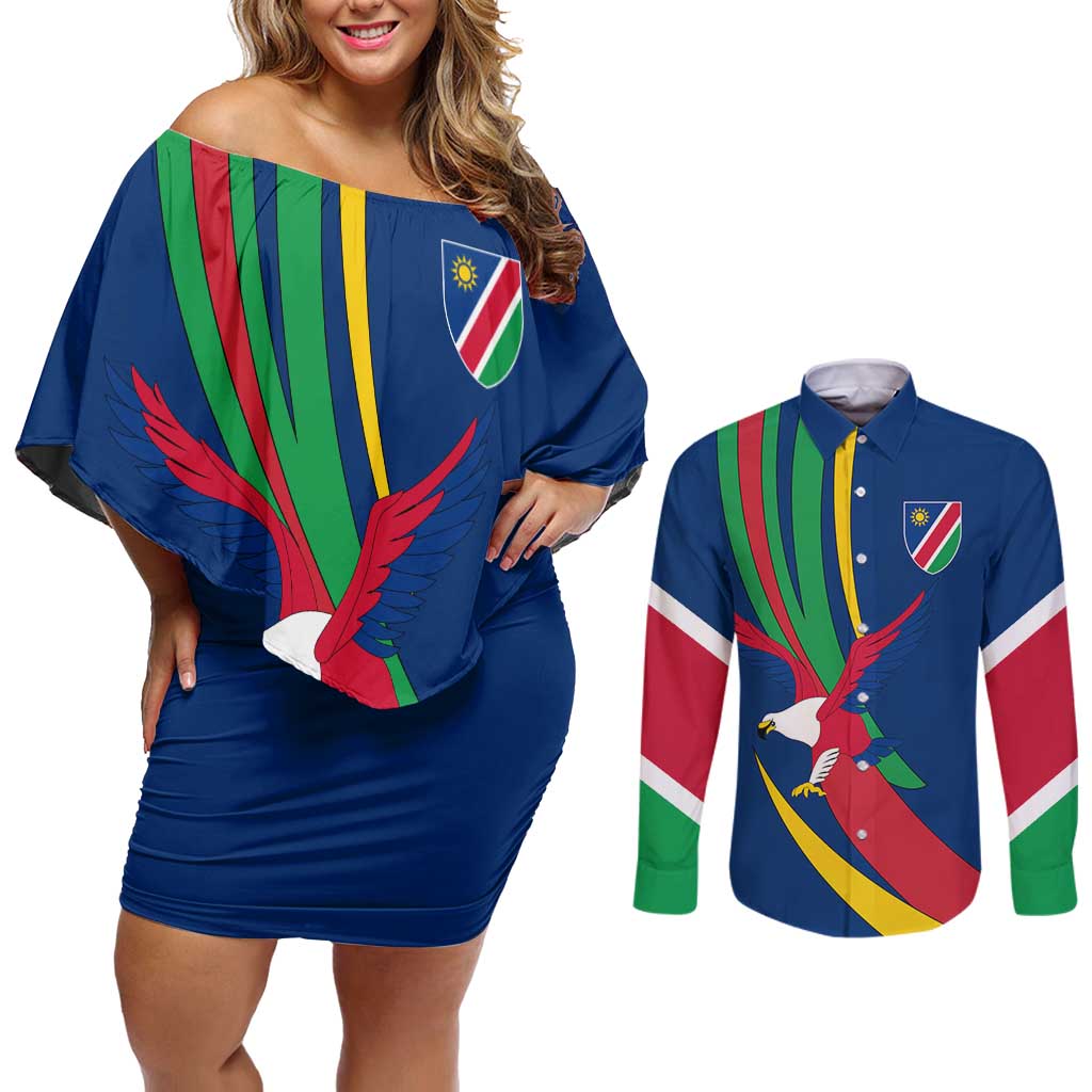 Namibia National Emblem Couples Matching Off Shoulder Short Dress and Long Sleeve Button Shirt Flag Colors & Symbolic Animals Design