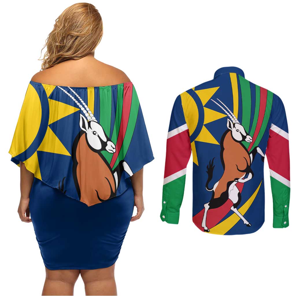 Namibia National Emblem Couples Matching Off Shoulder Short Dress and Long Sleeve Button Shirt Flag Colors & Symbolic Animals Design