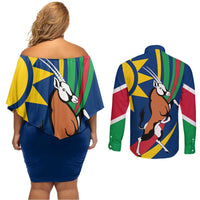 Namibia National Emblem Couples Matching Off Shoulder Short Dress and Long Sleeve Button Shirt Flag Colors & Symbolic Animals Design