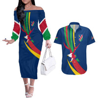 Namibia National Emblem Couples Matching Off The Shoulder Long Sleeve Dress and Hawaiian Shirt Flag Colors & Symbolic Animals Design