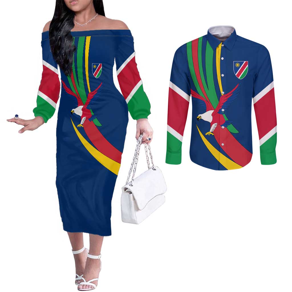 Namibia National Emblem Couples Matching Off The Shoulder Long Sleeve Dress and Long Sleeve Button Shirt Flag Colors & Symbolic Animals Design