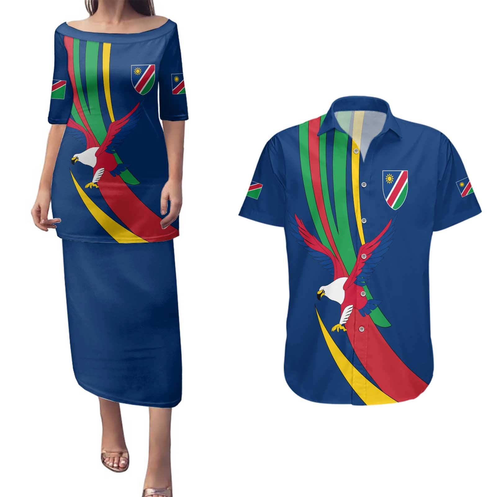 Namibia National Emblem Couples Matching Puletasi and Hawaiian Shirt Flag Colors & Symbolic Animals Design