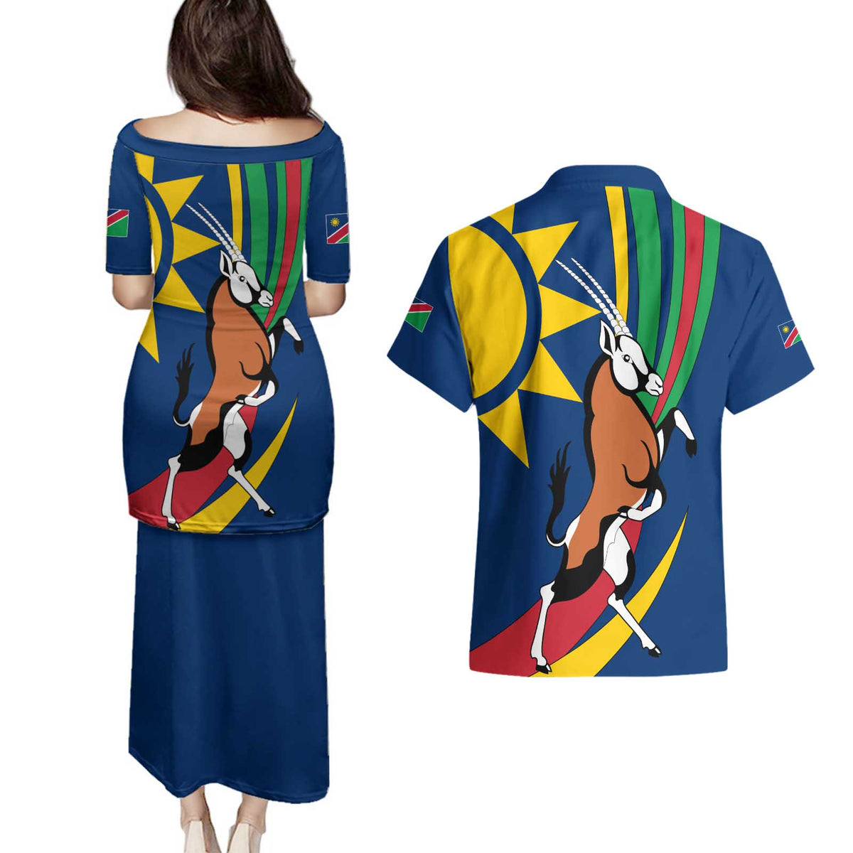 Namibia National Emblem Couples Matching Puletasi and Hawaiian Shirt Flag Colors & Symbolic Animals Design