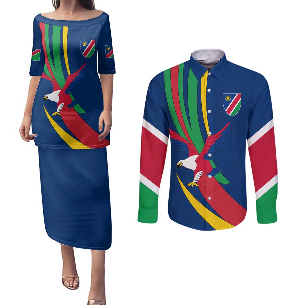 Namibia National Emblem Couples Matching Puletasi and Long Sleeve Button Shirt Flag Colors & Symbolic Animals Design