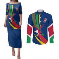 Namibia National Emblem Couples Matching Puletasi and Long Sleeve Button Shirt Flag Colors & Symbolic Animals Design