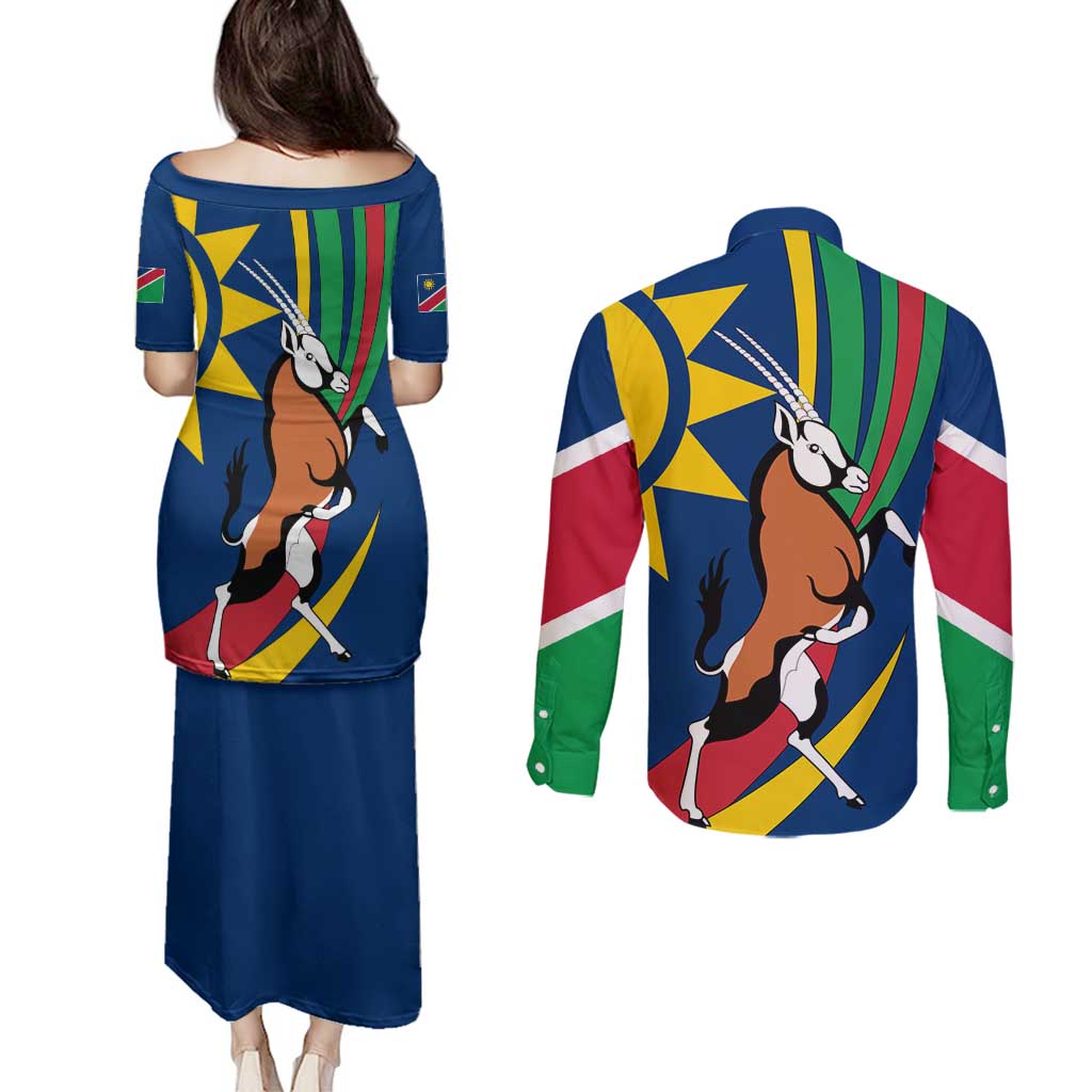 Namibia National Emblem Couples Matching Puletasi and Long Sleeve Button Shirt Flag Colors & Symbolic Animals Design