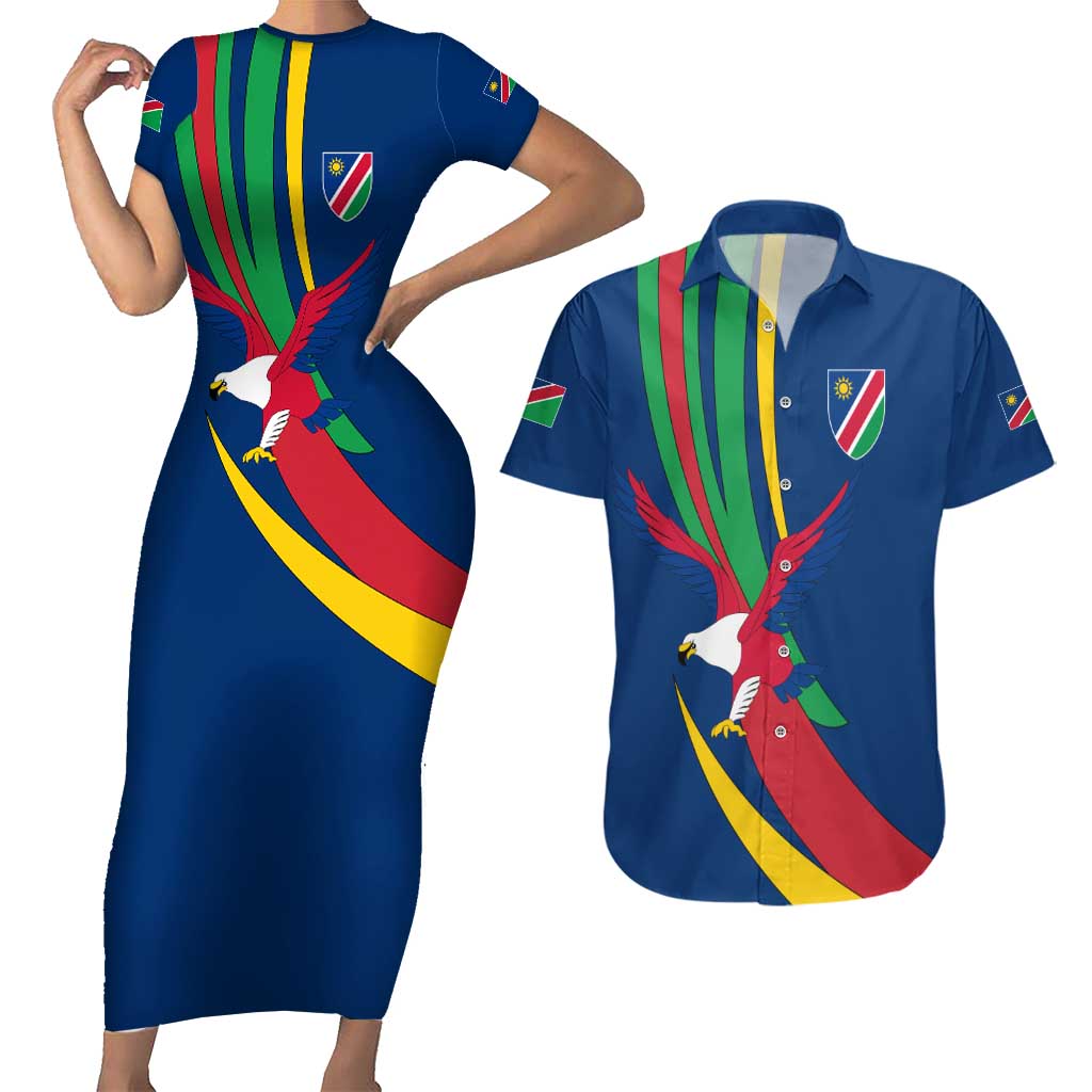 Namibia National Emblem Couples Matching Short Sleeve Bodycon Dress and Hawaiian Shirt Flag Colors & Symbolic Animals Design