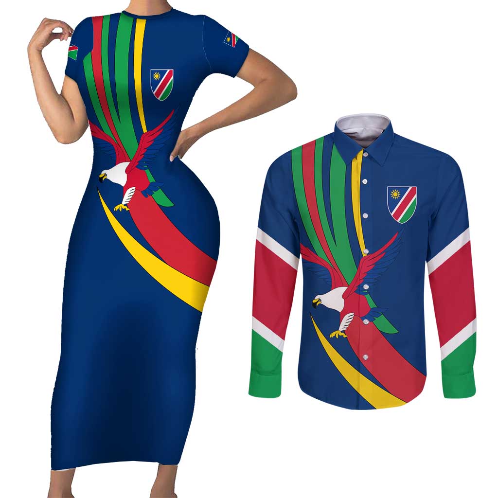 Namibia National Emblem Couples Matching Short Sleeve Bodycon Dress and Long Sleeve Button Shirt Flag Colors & Symbolic Animals Design