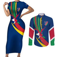 Namibia National Emblem Couples Matching Short Sleeve Bodycon Dress and Long Sleeve Button Shirt Flag Colors & Symbolic Animals Design