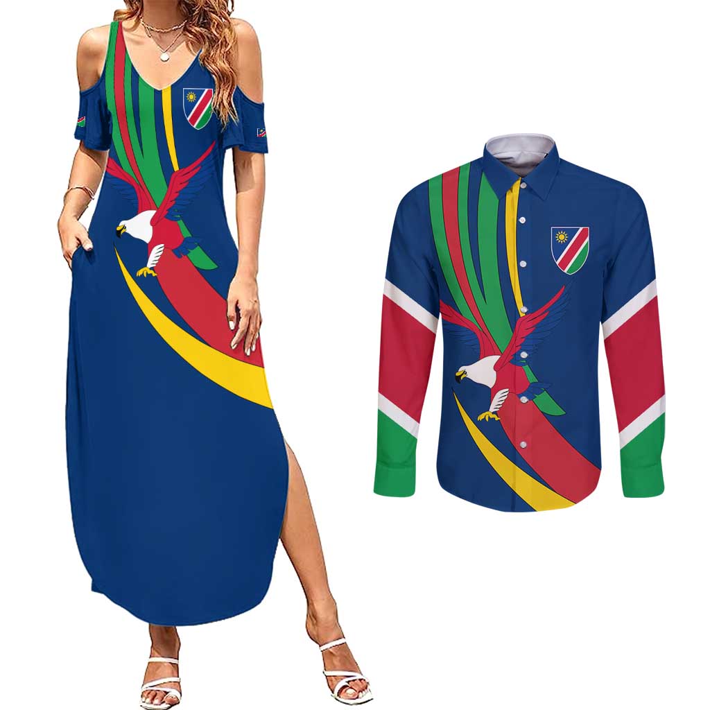 Namibia National Emblem Couples Matching Summer Maxi Dress and Long Sleeve Button Shirt Flag Colors & Symbolic Animals Design