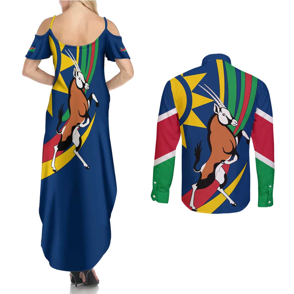 Namibia National Emblem Couples Matching Summer Maxi Dress and Long Sleeve Button Shirt Flag Colors & Symbolic Animals Design