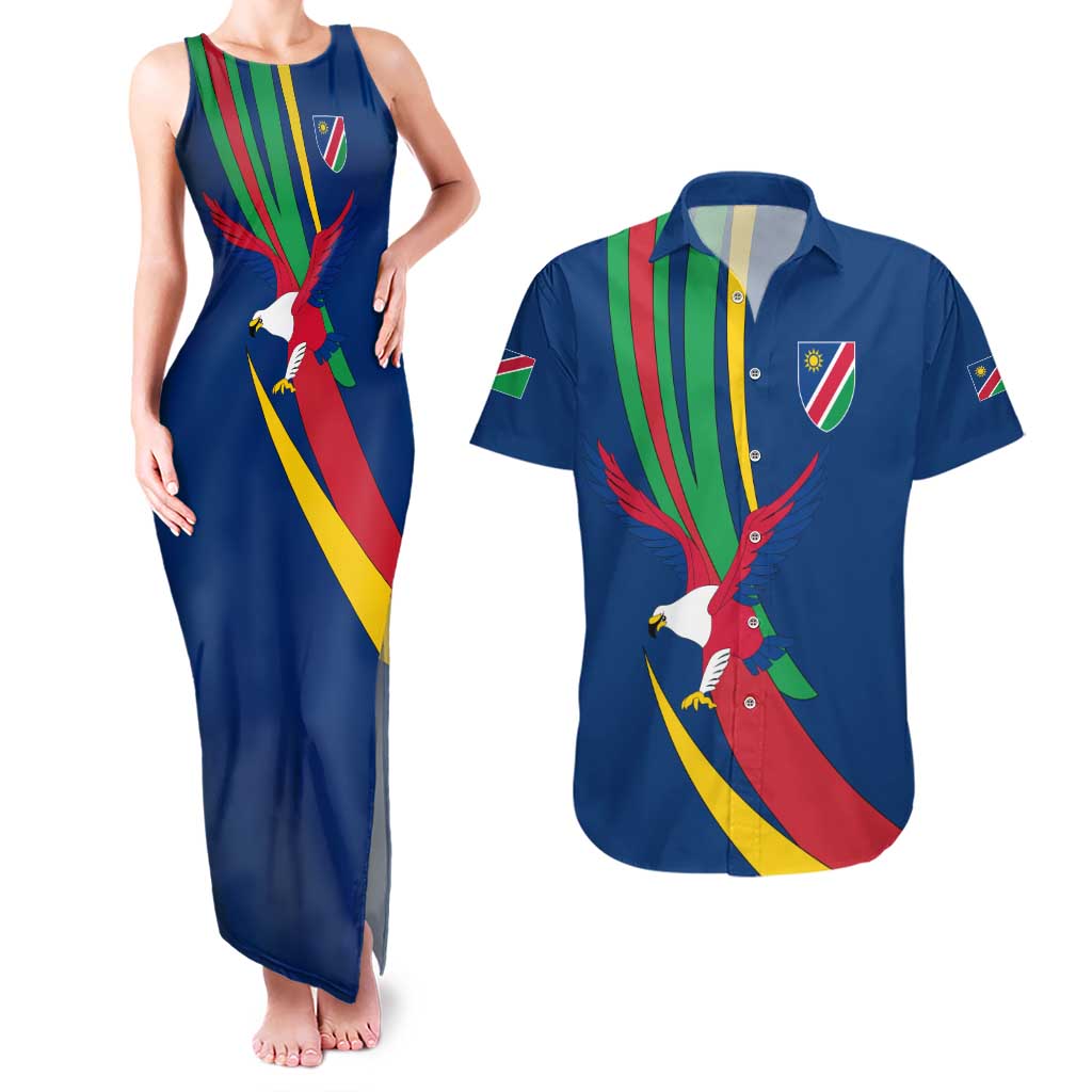 Namibia National Emblem Couples Matching Tank Maxi Dress and Hawaiian Shirt Flag Colors & Symbolic Animals Design