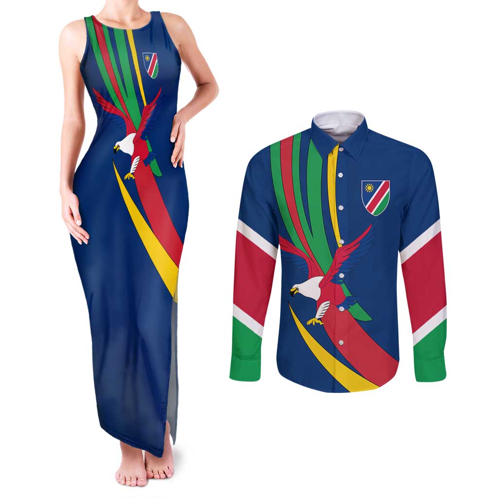 Namibia National Emblem Couples Matching Tank Maxi Dress and Long Sleeve Button Shirt Flag Colors & Symbolic Animals Design