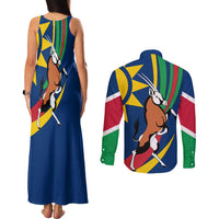 Namibia National Emblem Couples Matching Tank Maxi Dress and Long Sleeve Button Shirt Flag Colors & Symbolic Animals Design