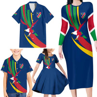 Namibia National Emblem Family Matching Long Sleeve Bodycon Dress and Hawaiian Shirt Flag Colors & Symbolic Animals Design