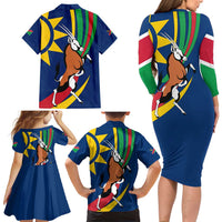 Namibia National Emblem Family Matching Long Sleeve Bodycon Dress and Hawaiian Shirt Flag Colors & Symbolic Animals Design