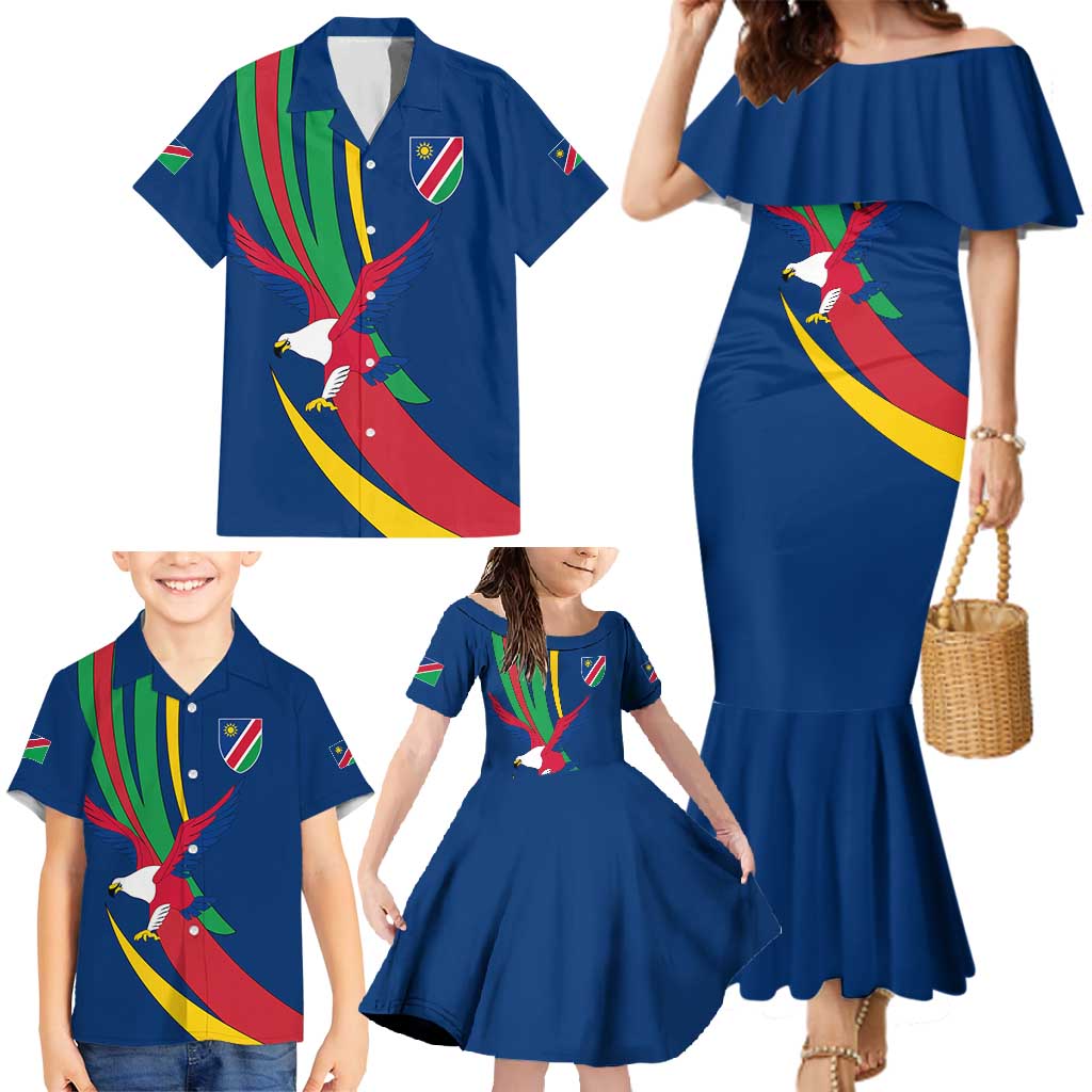 Namibia National Emblem Family Matching Mermaid Dress and Hawaiian Shirt Flag Colors & Symbolic Animals Design