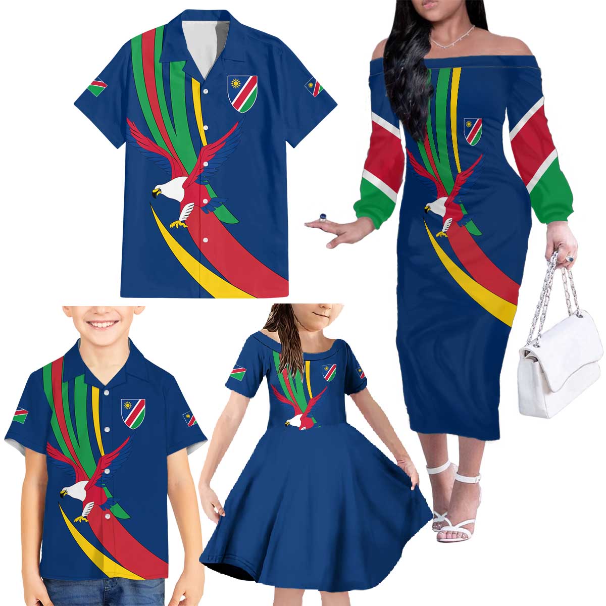 Namibia National Emblem Family Matching Off The Shoulder Long Sleeve Dress and Hawaiian Shirt Flag Colors & Symbolic Animals Design