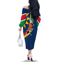 Namibia National Emblem Family Matching Off The Shoulder Long Sleeve Dress and Hawaiian Shirt Flag Colors & Symbolic Animals Design