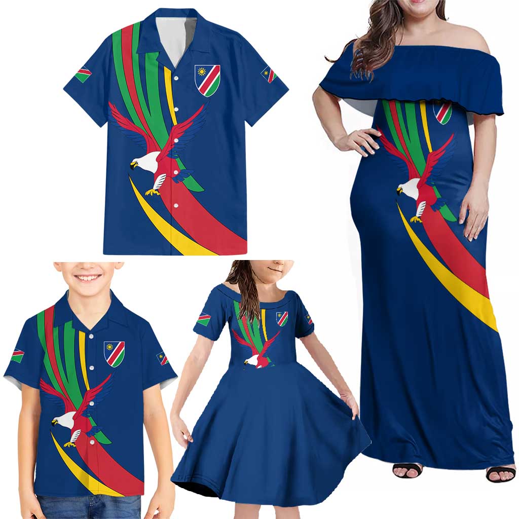 Namibia National Emblem Family Matching Off Shoulder Maxi Dress and Hawaiian Shirt Flag Colors & Symbolic Animals Design