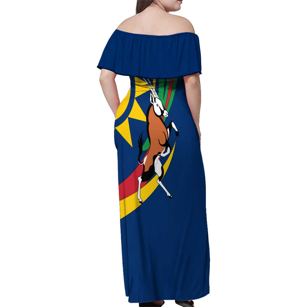 Namibia National Emblem Family Matching Off Shoulder Maxi Dress and Hawaiian Shirt Flag Colors & Symbolic Animals Design