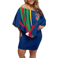 Namibia National Emblem Family Matching Off Shoulder Short Dress and Hawaiian Shirt Flag Colors & Symbolic Animals Design