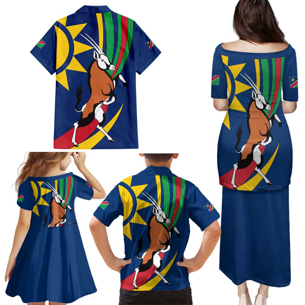 Namibia National Emblem Family Matching Puletasi and Hawaiian Shirt Flag Colors & Symbolic Animals Design