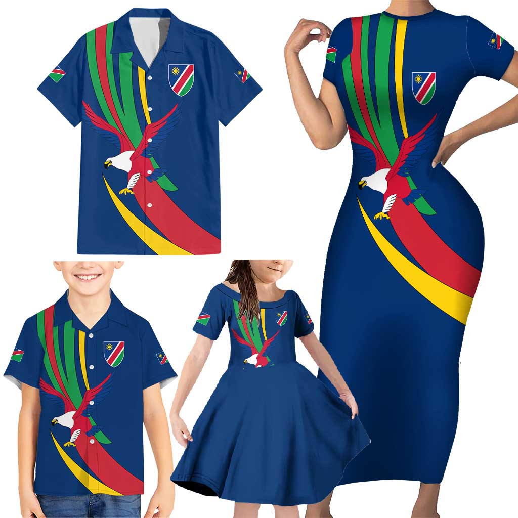 Namibia National Emblem Family Matching Short Sleeve Bodycon Dress and Hawaiian Shirt Flag Colors & Symbolic Animals Design