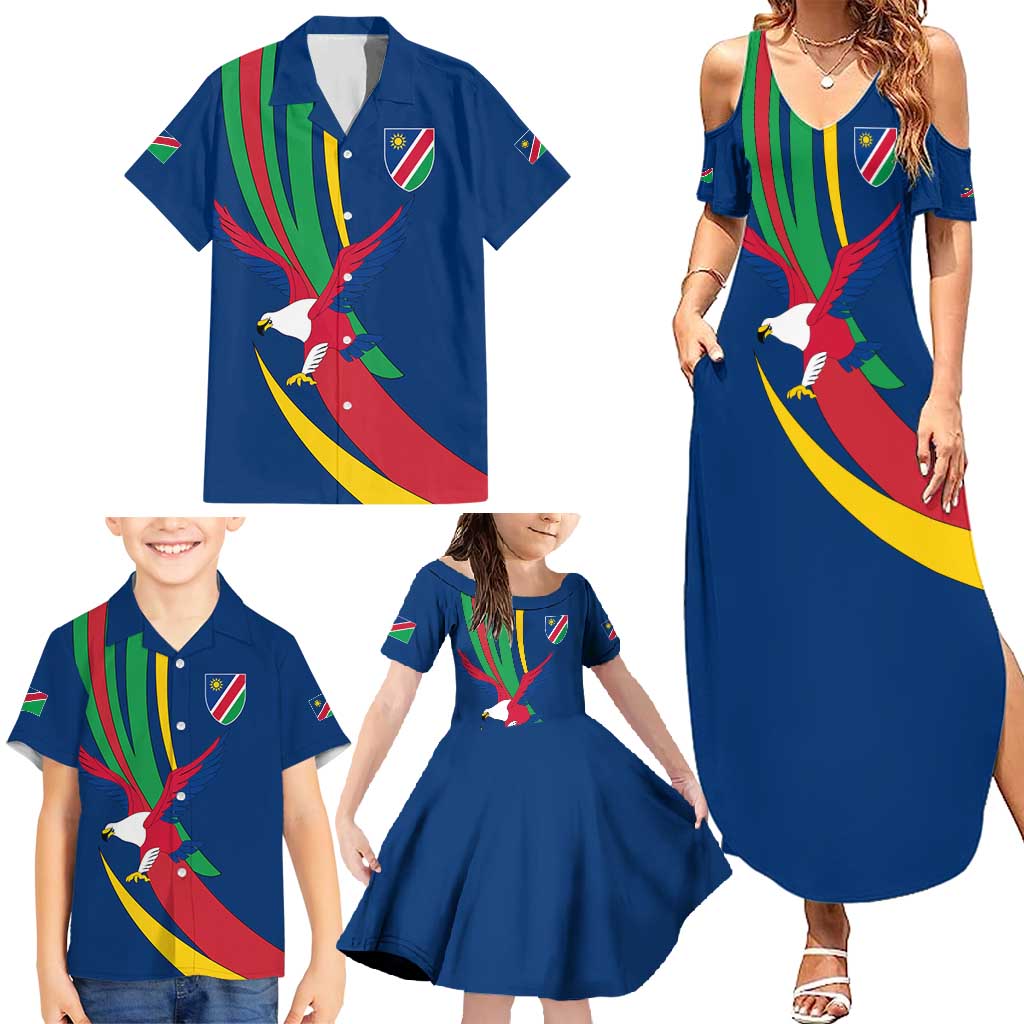 Namibia National Emblem Family Matching Summer Maxi Dress and Hawaiian Shirt Flag Colors & Symbolic Animals Design