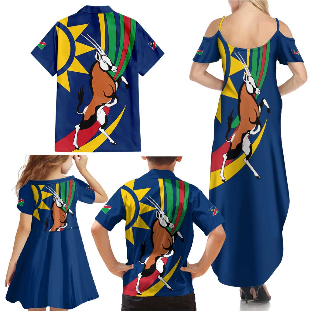 Namibia National Emblem Family Matching Summer Maxi Dress and Hawaiian Shirt Flag Colors & Symbolic Animals Design