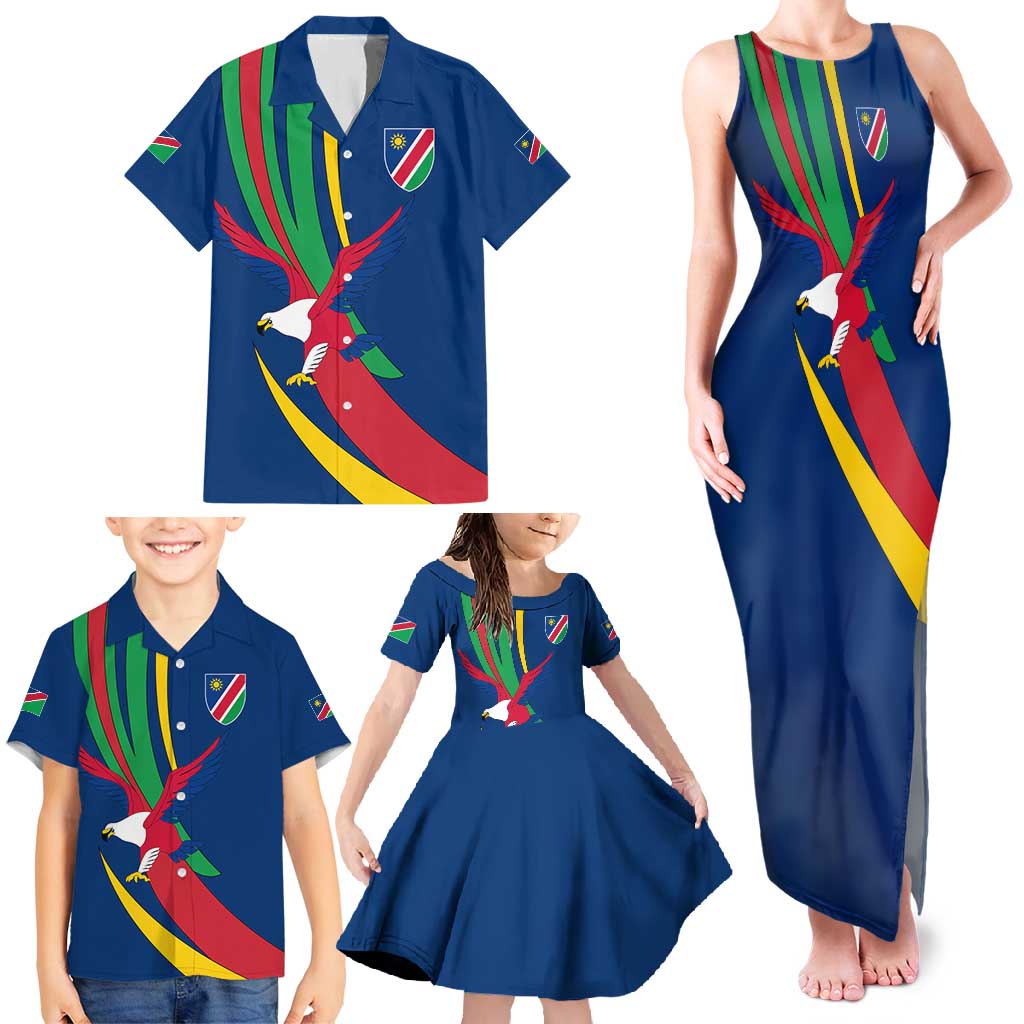 Namibia National Emblem Family Matching Tank Maxi Dress and Hawaiian Shirt Flag Colors & Symbolic Animals Design