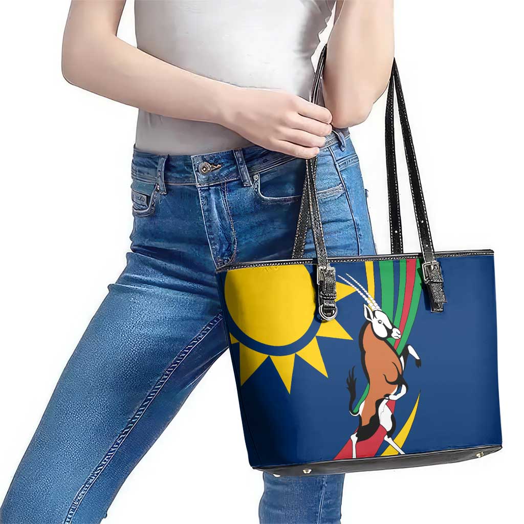 Namibia National Emblem Leather Tote Bag Flag Colors & Symbolic Animals Design