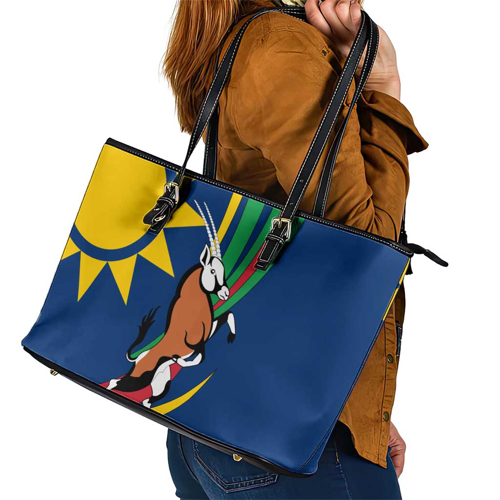 Namibia National Emblem Leather Tote Bag Flag Colors & Symbolic Animals Design