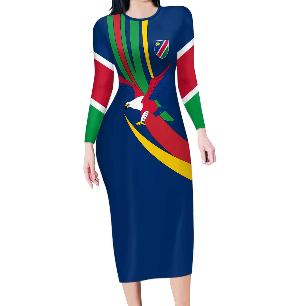 Namibia National Emblem Long Sleeve Bodycon Dress Flag Colors & Symbolic Animals Design