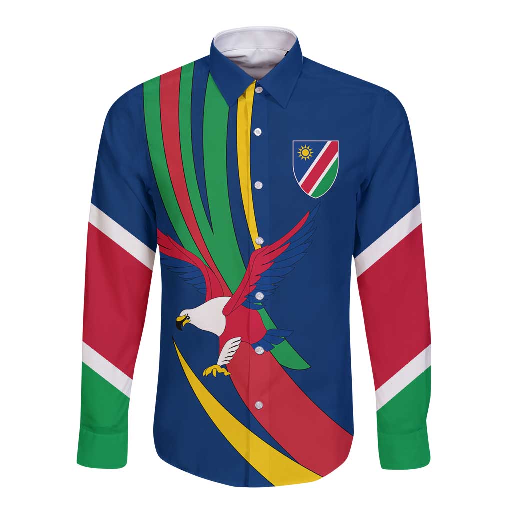 Namibia National Emblem Long Sleeve Button Shirt Flag Colors & Symbolic Animals Design