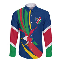Namibia National Emblem Long Sleeve Button Shirt Flag Colors & Symbolic Animals Design