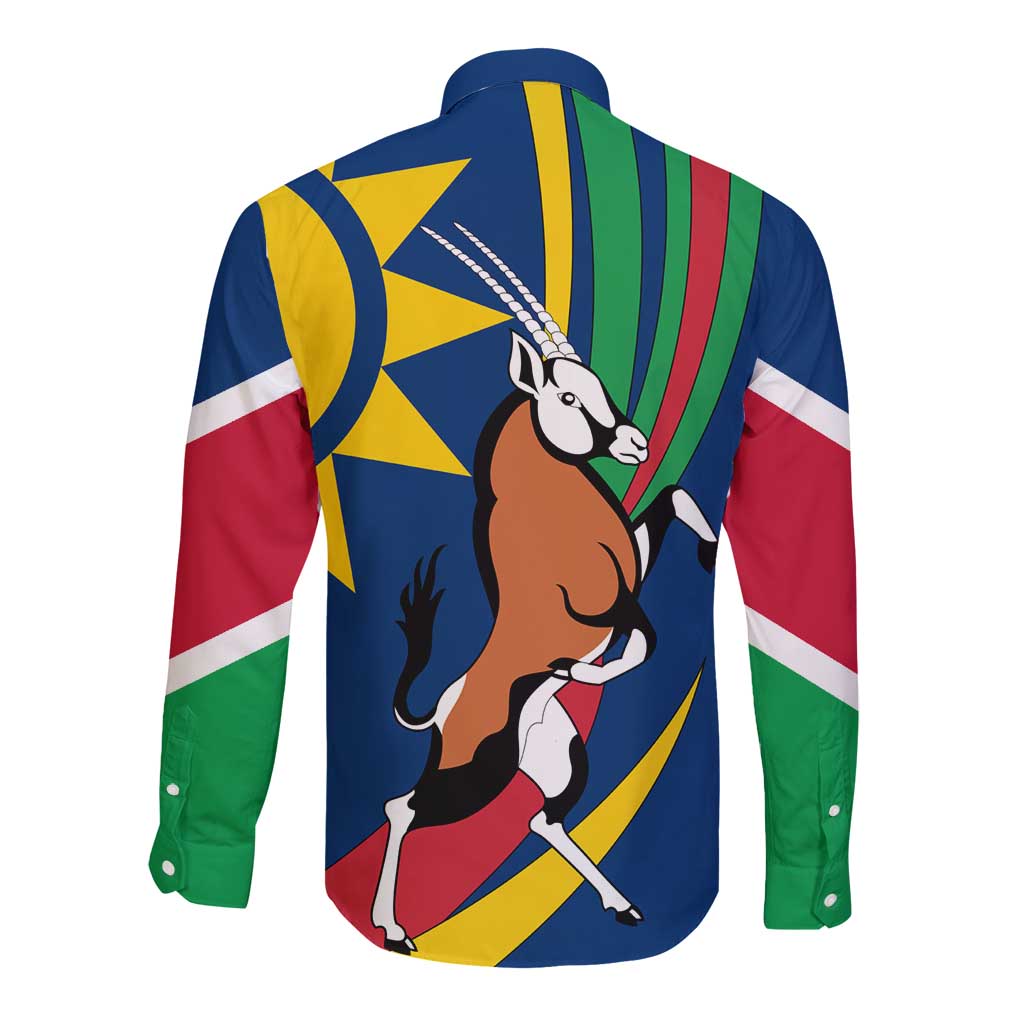 Namibia National Emblem Long Sleeve Button Shirt Flag Colors & Symbolic Animals Design