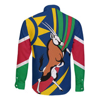 Namibia National Emblem Long Sleeve Button Shirt Flag Colors & Symbolic Animals Design